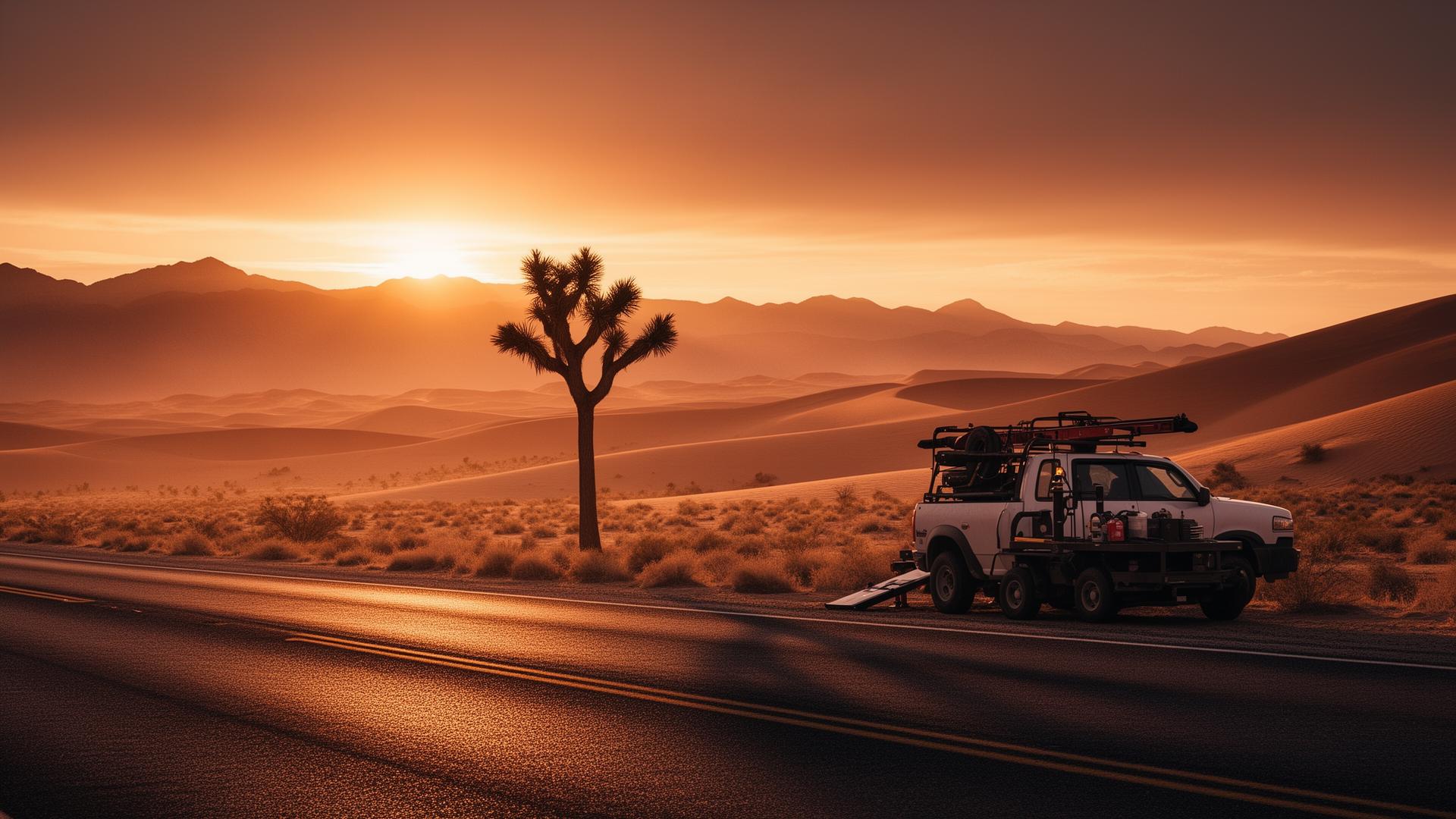 Mojave desert highway at sunset with a tire service truck